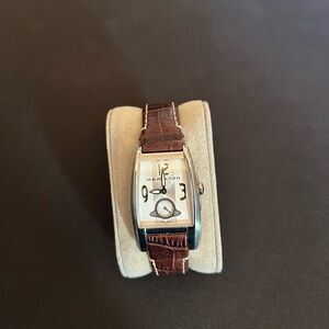 Hamilton Unisex Stainless Steel Watch with Silver Dial and Brown Leather Strap